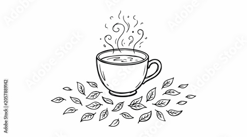 Hand drawn Doodle of Steaming Tea Cup with Scattered Leaves