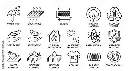 Bild auf Leinwand Fabric property vector icon bundle with waterproof breathable and eco textile sy