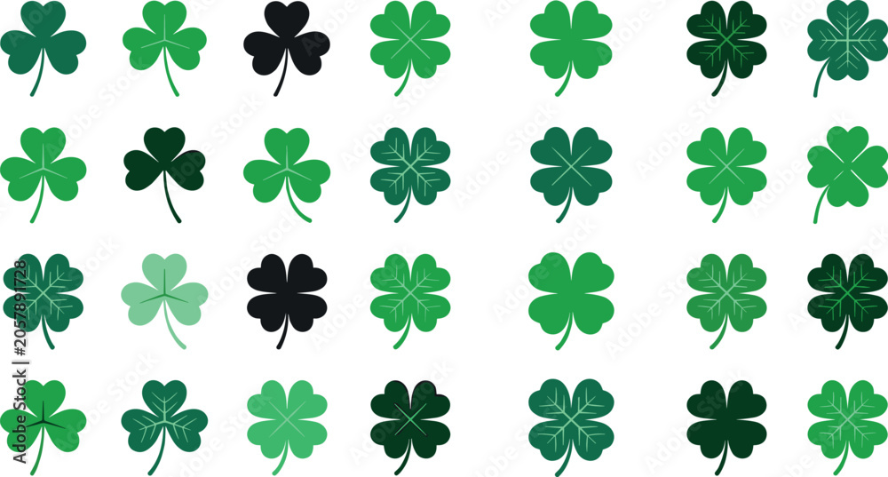 Fototapeta premium Green Shamrock and Four Leaf Clover Vector Icon Set Featuring Various Shapes and Textures for Saint Patricks Day and Lucky Irish Graphic Designs