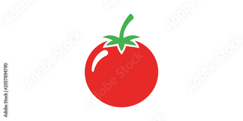 Fresh red tomato icon with green calyx stem isolated on white background