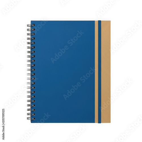 Blue spiral notebook with brown elastic closure