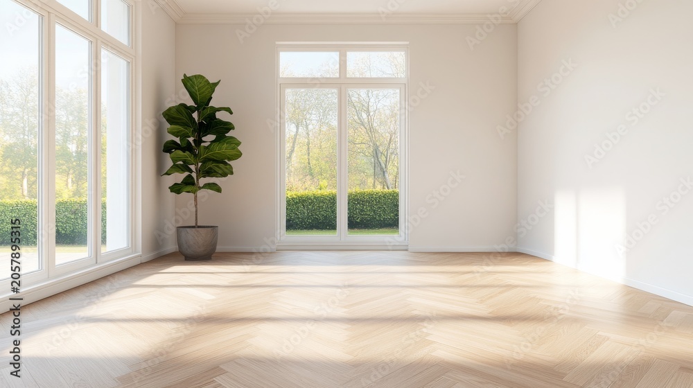 Fototapeta premium Sun-drenched minimalist empty room featuring tall windows, a fiddle leaf fig and herringbone floor, highlighting potential for modern design and fresh starts. ,Interior, Serene