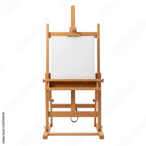 Wooden artists easel with a blank white canvas for painting