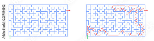 Maze illustration with solved path and unsolved version displayed  