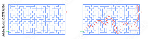 Maze design with solution path and start-end points visible  