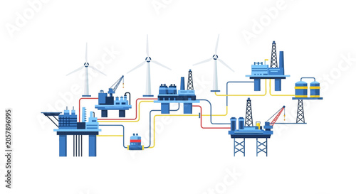 Offshore Wind and Oil Platforms Connected, Energy Industry Concept