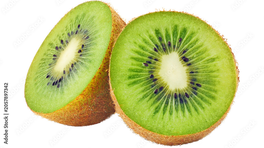 Fototapeta premium Two fresh ripe kiwi fruit halves showing green flesh and tiny seeds with tropical isolated background nutrition vegetarian