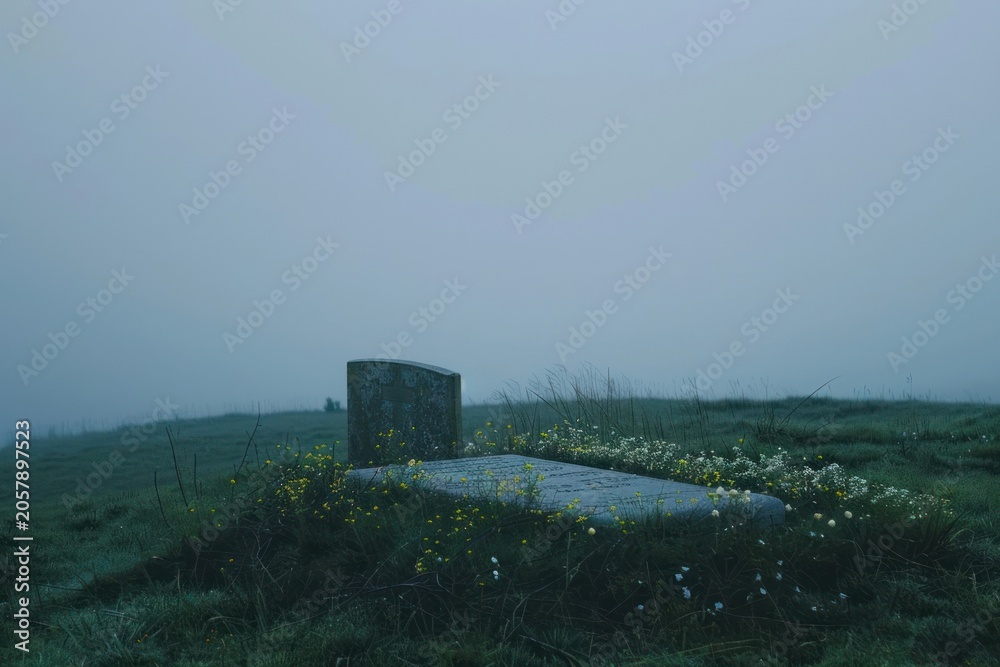 Fototapeta premium Aesthetic grave landscape wallpaper gravestone tombstone outdoors.
