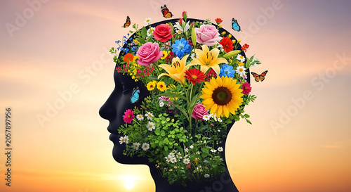 Colorful flowers and butterflies inside human head silhouette at sunset transparent background