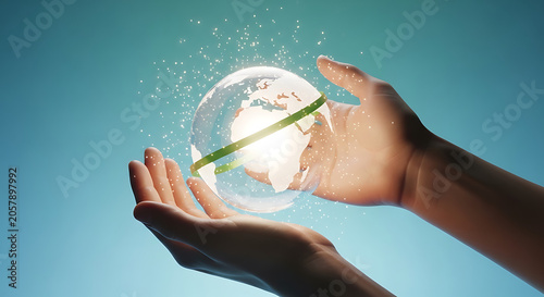 Hands holding a glowing earth with a green line around it on blue background transparent background