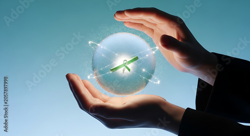 Hands holding glowing green awareness ribbon in transparent sphere with sparkling effect transparent background
