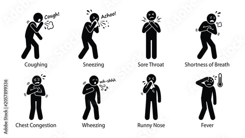 Tableau sur toile Respiratory illness symptoms stick figure icon set