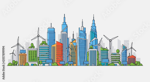 Futuristic Sustainable Eco Smart City Skyline Vector Illustration