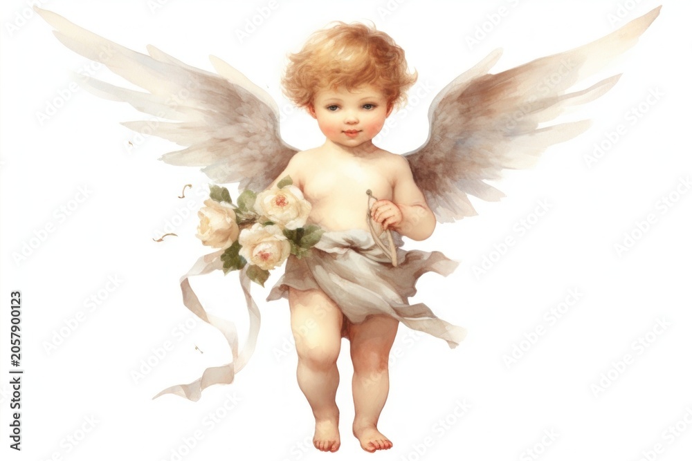 Naklejka premium Cherubic angel holding white roses
