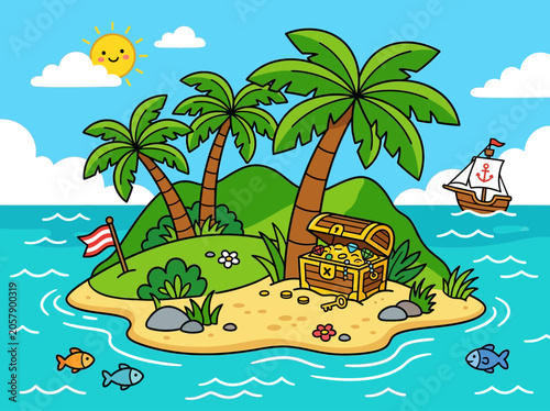 Treasure chest on sandy beach shore.