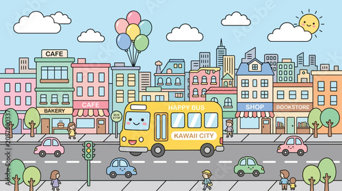Yellow cartoon school bus driving city.