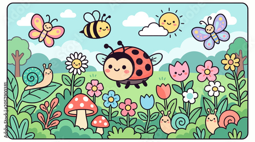 Colorful Ladybug in Garden Scene.