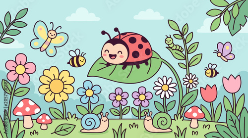 Ladybug on a green leaf smiling.