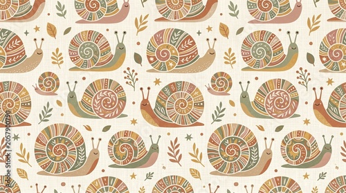 Cute Cartoon Snail Pattern Design With Leaves and Soft Pastel Colors
