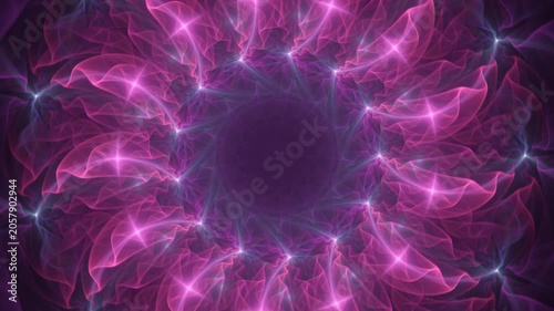 A glowing magenta fractal swirls around a dark void with fluid, pulsing waves. Starry nodes convey a mesmerizing visual message of hypnotic cosmic energy and infinite mystery.
