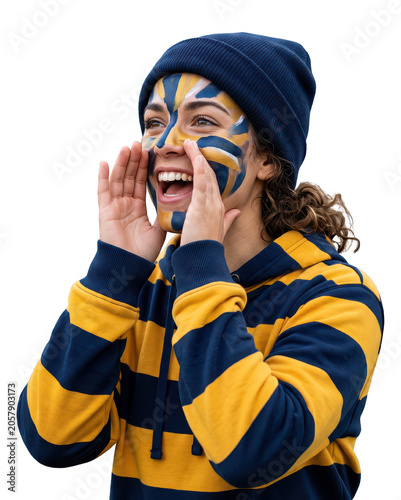 Excited sports fan cheering with face paint and knit hat isolated on transparent background