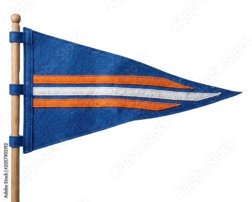 Blue pennant flag with orange and white stripes isolated on transparent background