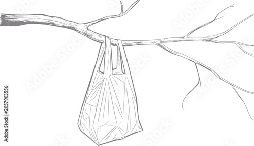 Konstfotografi Plastic bag hanging from a bare tree branch, environmental pollution concept