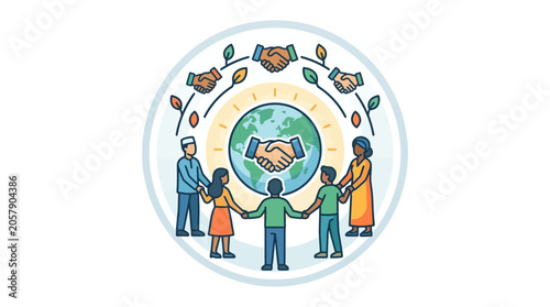 Cuadro en lienzo Diverse people holding hands around the world, symbolizing unity, cooperation, and global partnership