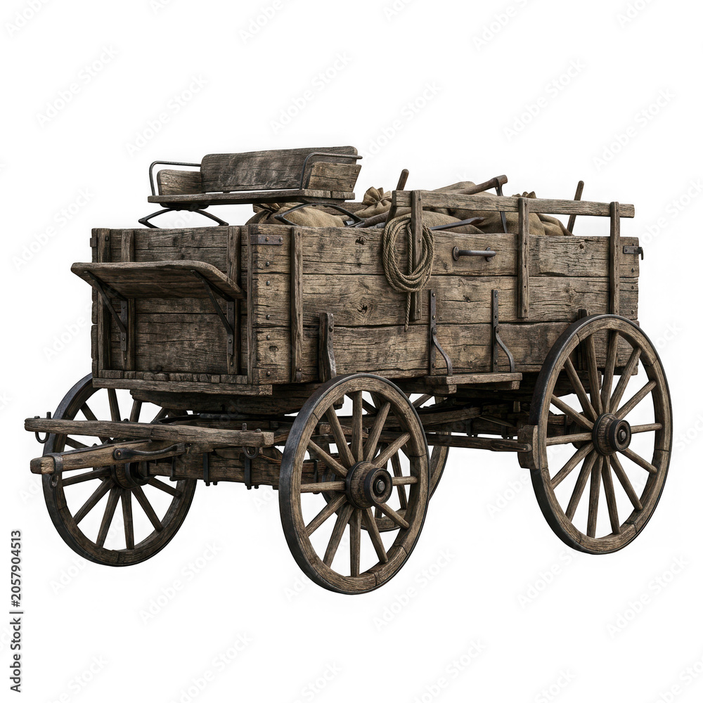 Obraz premium Old rustic wooden farm wagon with large spoked wheels
