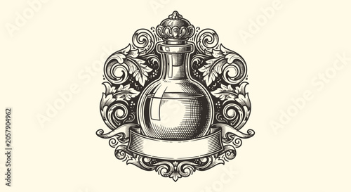 Slika na platnu Vintage Potion Bottle Crest Emblem with Crown and Ribbon, Engraved Style