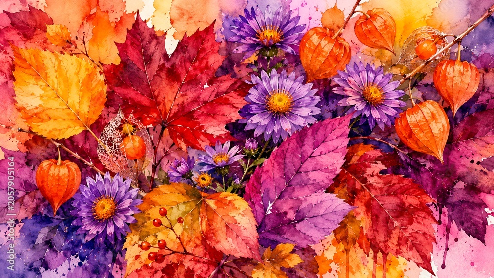 Fototapeta premium Hyper Colorful Autumn Leaves and Flowers Background with Warm Pink Light