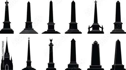 Billede på lærred Monument and obelisk silhouette icons with statues, crosses, and spired memorial