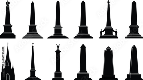 Photos Monument and memorial silhouette icons including obelisks, columns, and spired d