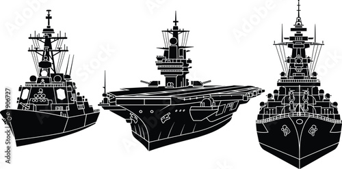 Foto Naval warship silhouettes, black vector illustration of aircraft carrier, battle