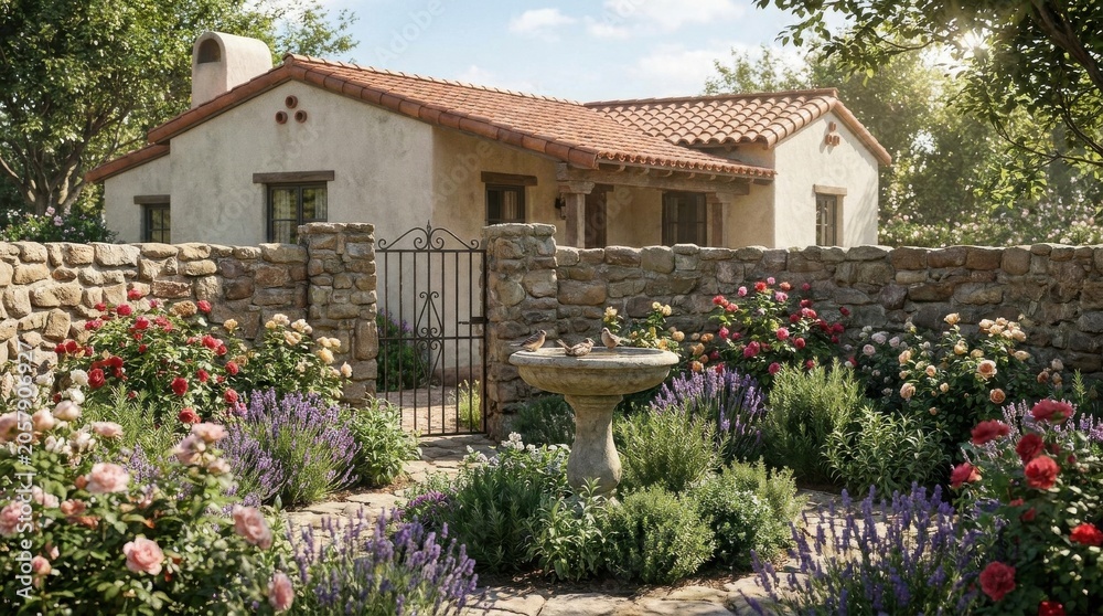 Fototapeta premium Charming rustic house with stone walls and a blooming garden in a sunny countryside setting