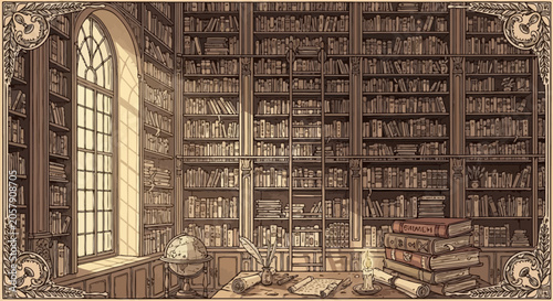 Tableau sur toile Vintage library interior with overflowing bookshelves, globes, and antique desk