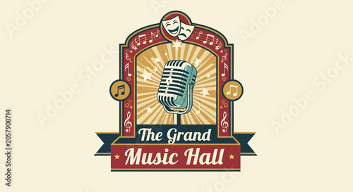 Εκτύπωση καμβά Vintage Microphone and Theater Masks Emblem - Grand Music Hall Logo
