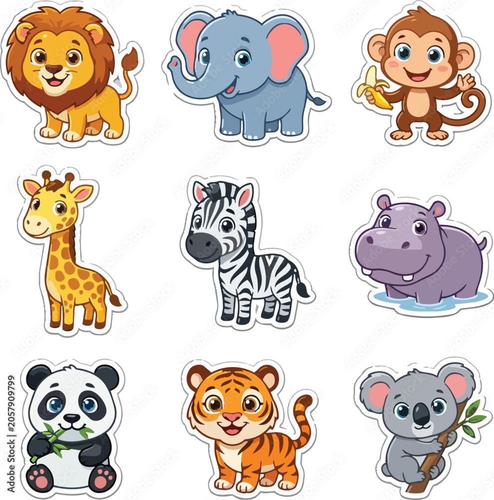 Fototapeta premium Cute Safari Animal Sticker Vector Set, Kawaii Cartoon Jungle Wildlife