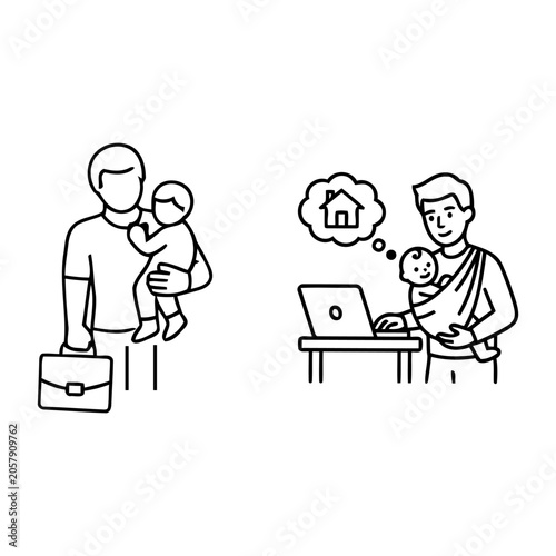Father carrying child while working line icon set, remote employee dad balancing career and infant care lifestyle vector