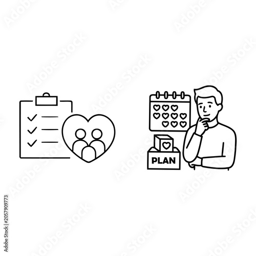 Family planning father line icon set, dad scheduling household goals and calendar checklist vector