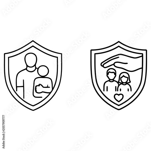 Father protector shield icon set, dad protective hand shielding family line art, security and care concept vector