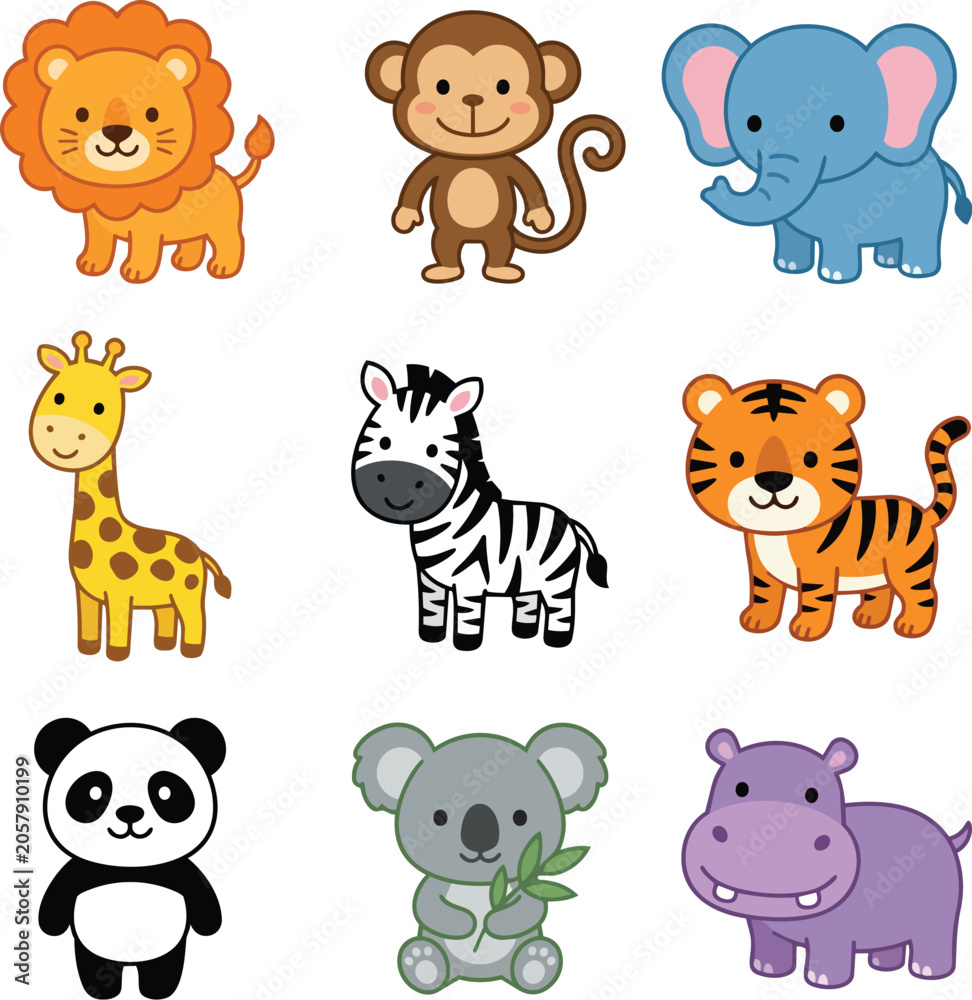 Obraz premium Cute Cartoon Jungle and Zoo Animals Flat Vector Character Collection