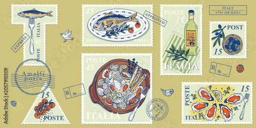 Italian seafood postage stamp collection with fish shellfish olive oil and oysters