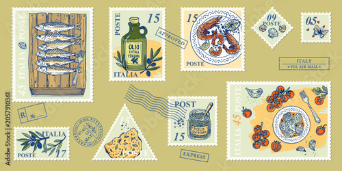 Italian seafood postage stamp collection with shrimp fish olive oil and tomatoes