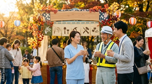 Diverse japanese professionals enjoying a community autumn festival