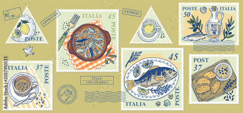 Italian seafood and Mediterranean cuisine postage stamp collection with fish soup and olive oil