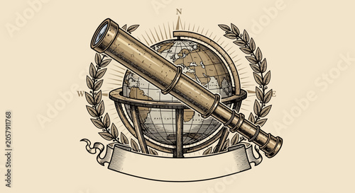 Photos Vintage Telescope and Globe with Laurel Wreath - Exploration and Discovery Conce