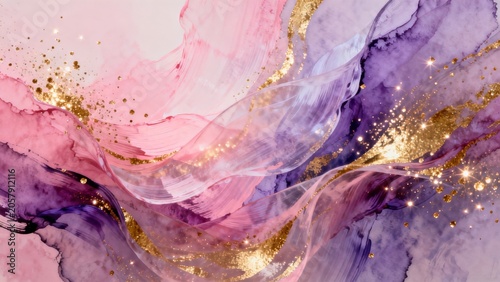 Abstract painting with pink purple and gold