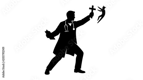 Schilderij op canvas Doctor Silhouette Repelling A Demon With A Cross White Background