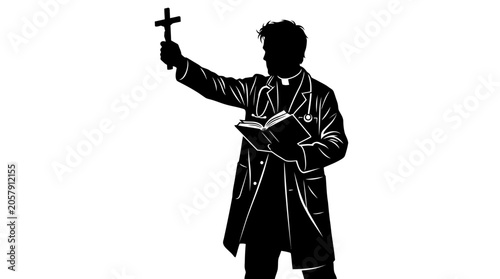 Tableau sur toile Priest Silhouette With Cross And Book Against White Background